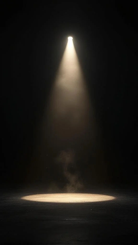 Single spotlight illuminating an empty stage in darkness.