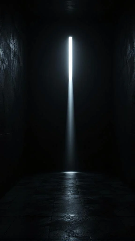 Minimal dark interior pierced by a vertical beam of light.