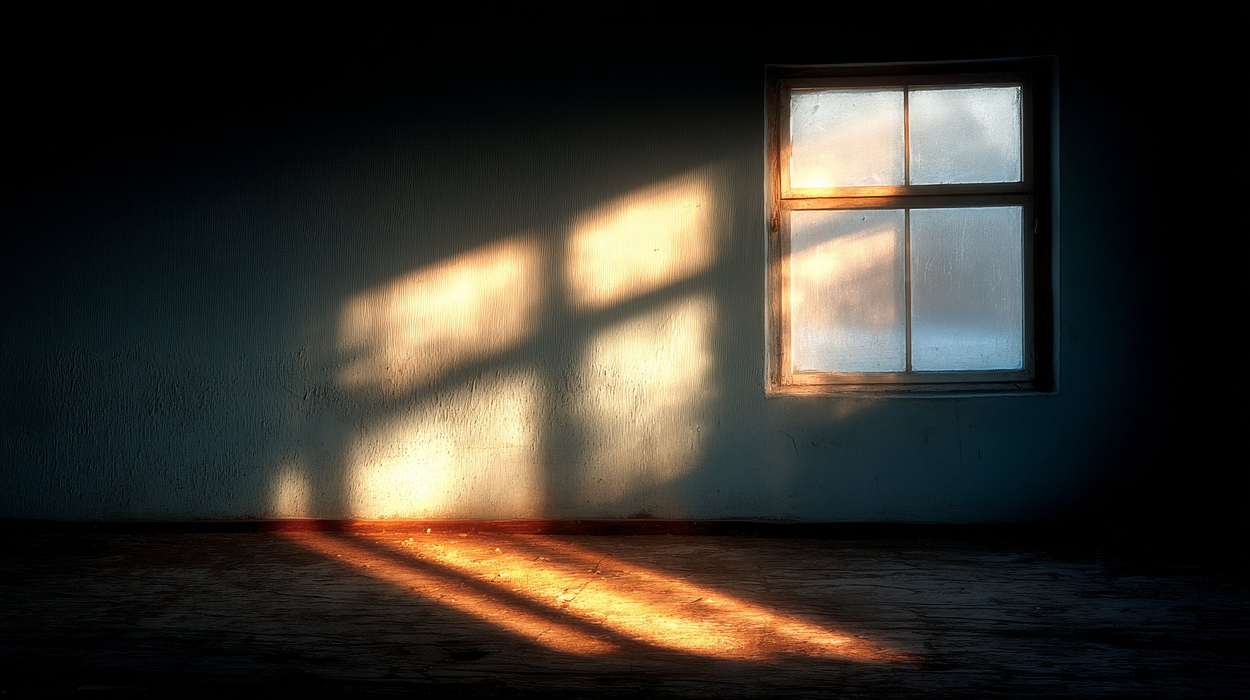 Atmospheric interior with warm light entering through a window.