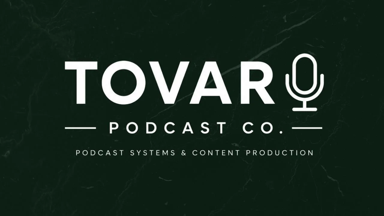 Logo for Tovar Podcast Co. featuring a microphone icon, with text indicating podcast systems and content production