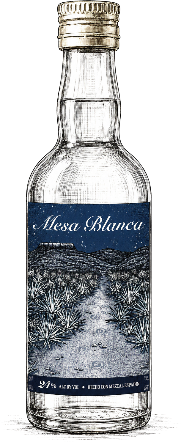 Bottle of Mesa Blanca Mezcal Espadin with blue label & agave path