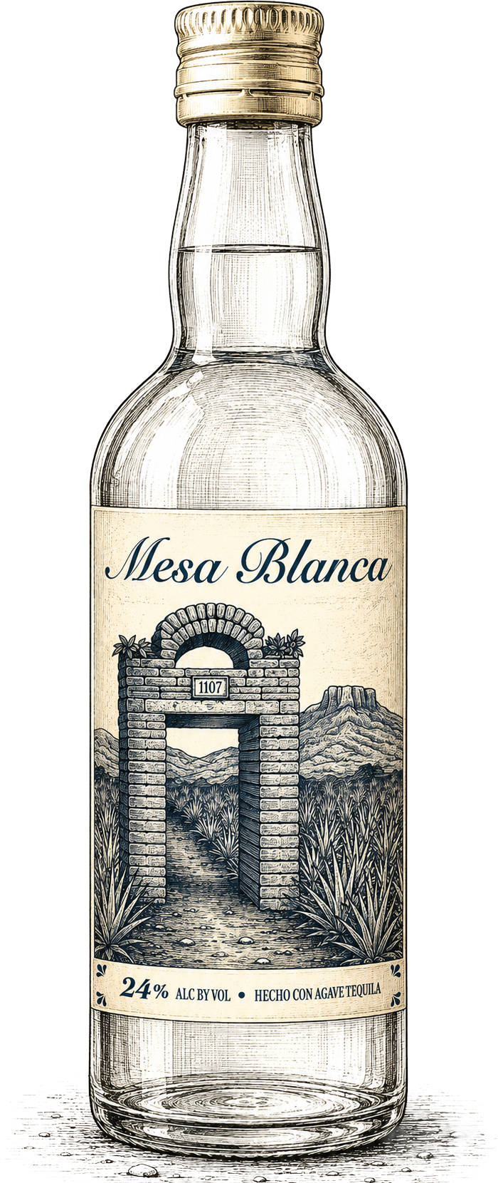 Bottle of Mesa Blanca Tequila with cream colored label and brick gate leading to the "Mesa Blanca"