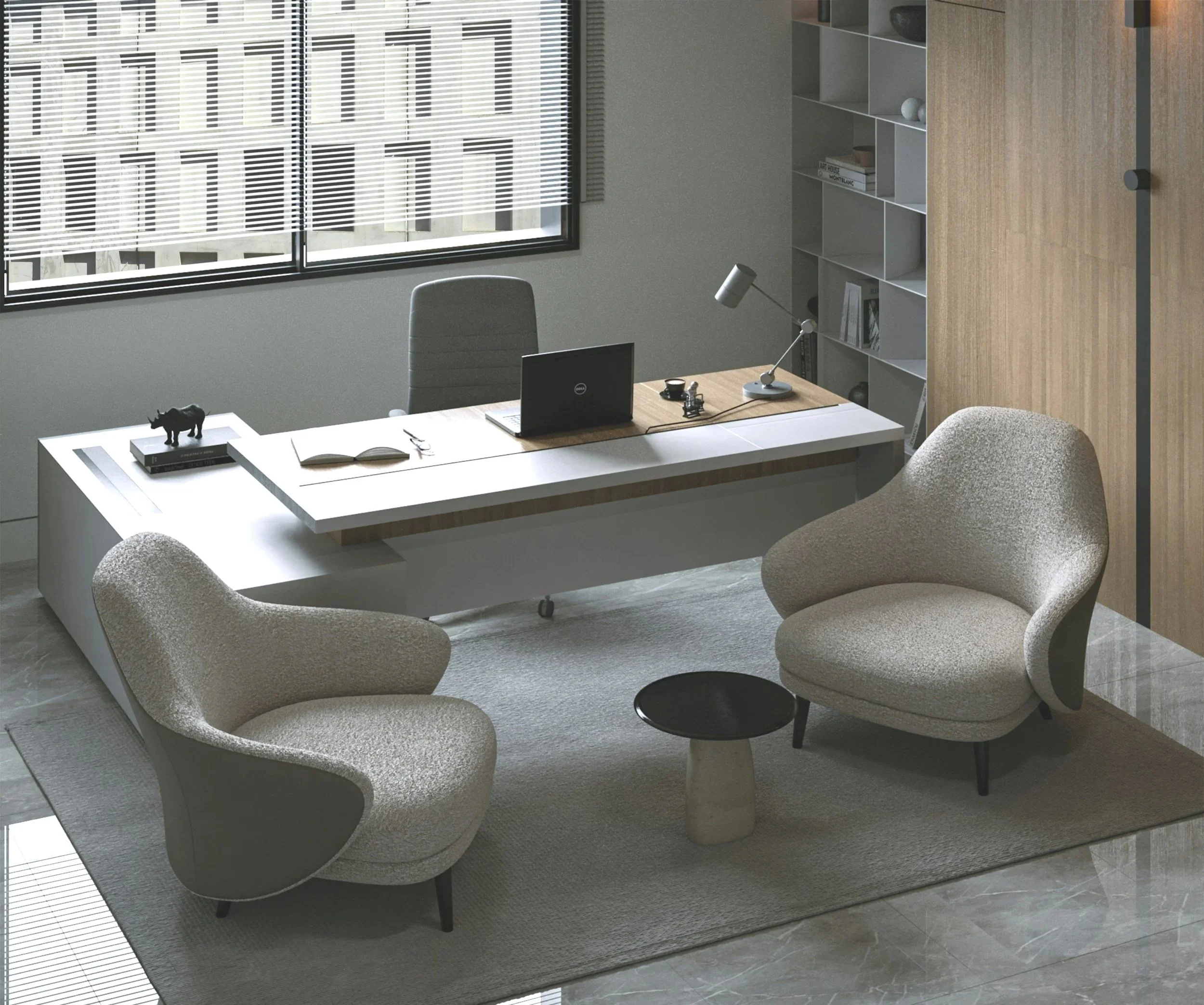 Modern office workspace with a desk, computer, lamp, and three plush armchairs. Large window with blinds letting in natural light. bookshelf with books and decor in the background.