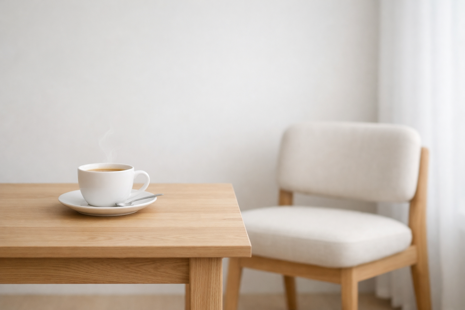 A steaming cup of coffee on a saucer with a spoon on a wooden table, next to a white chair with a cushioned seat in a minimalistic room.