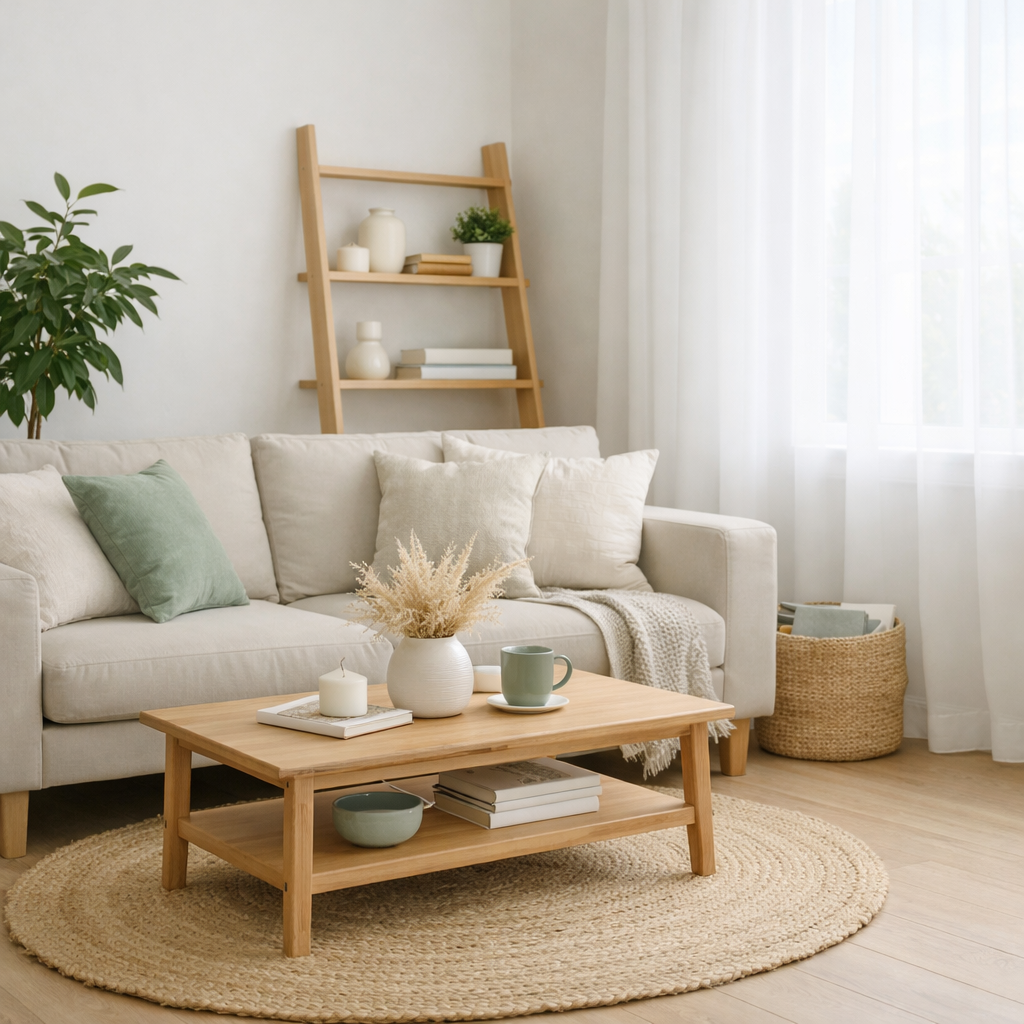 Bright and minimalist living room featuring an organized wooden coffee table and neat shelving unit by Home Clarity Decluttering, North Yorkshire