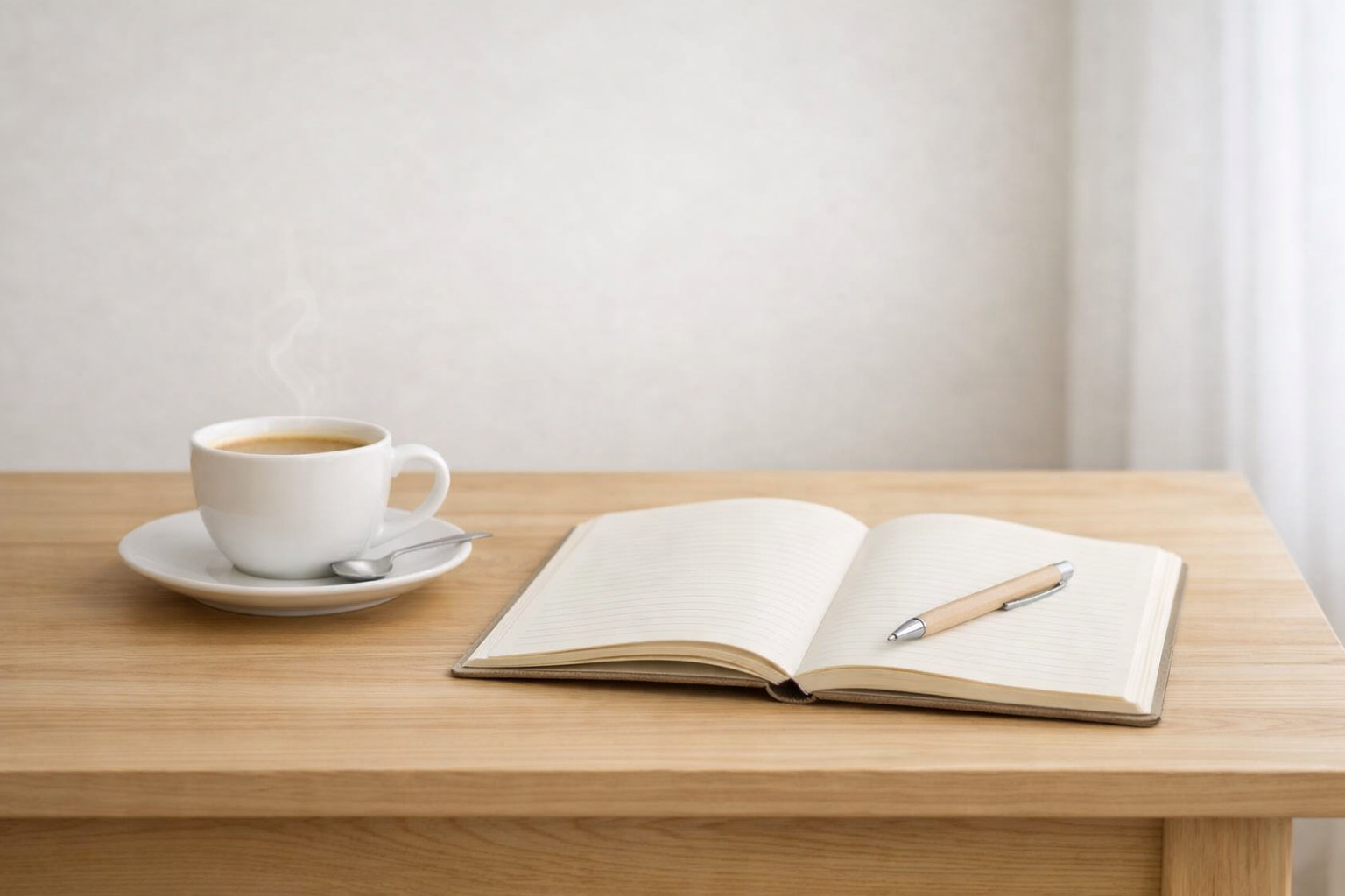 Open notebook with a pen and steaming coffee cup, answering common questions about home decluttering services in North Yorkshire.