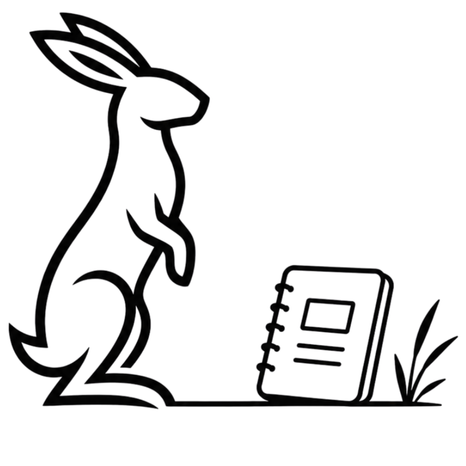 Line drawing of a rabbit with a notebook and grass.
