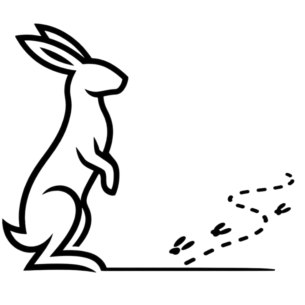 A simple outline drawing of a rabbit (hare) standing on its hind legs with footprints leading away from it.