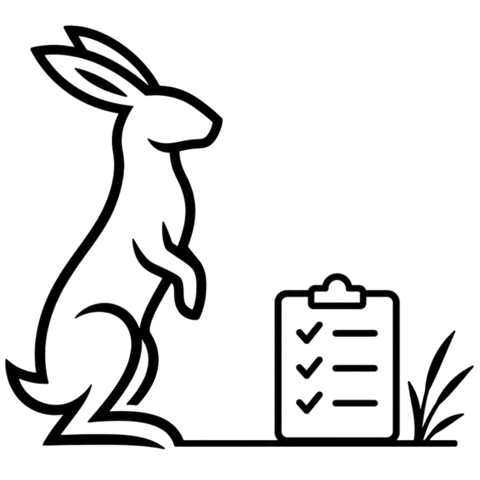 Outline drawing of a rabbit (hare) standing next to a checklist on a clipboard and some grass.