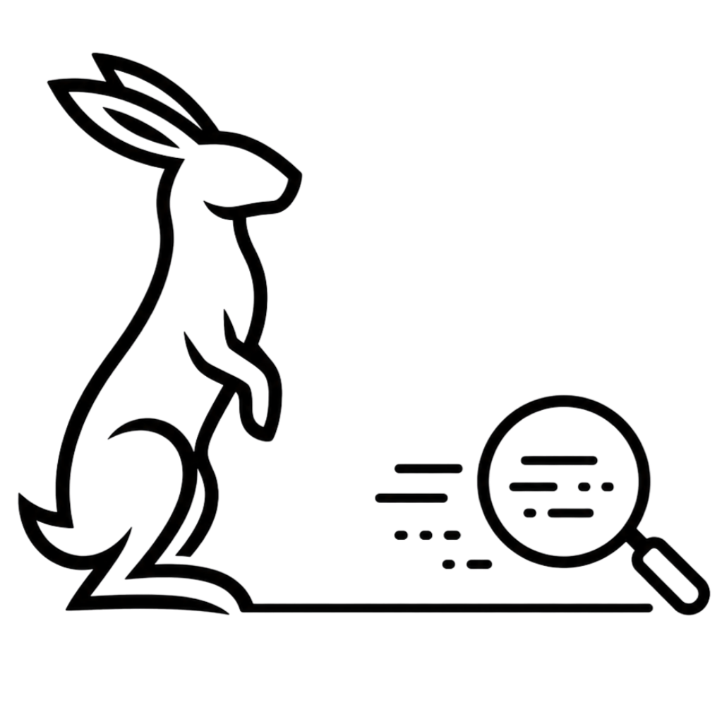 Outline drawing of a rabbit (hare) looking at a magnifying glass.