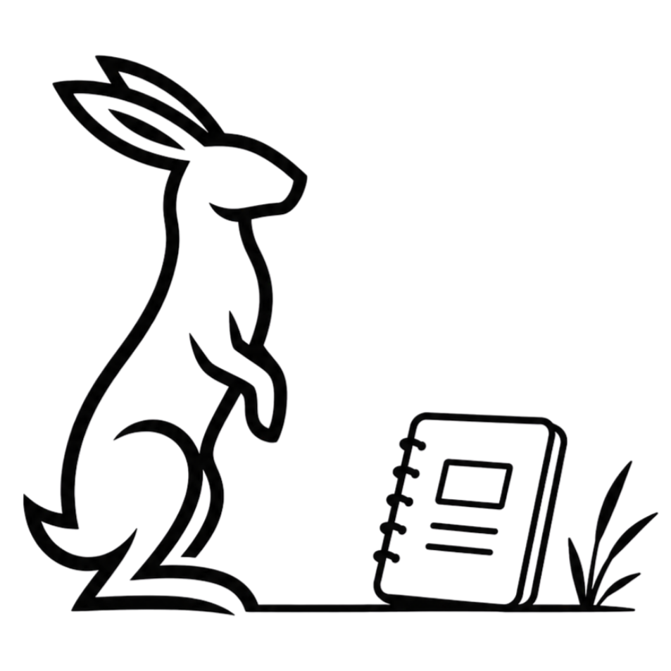 Outline of a rabbit (hare) with a spiral notebook with grass nearby.