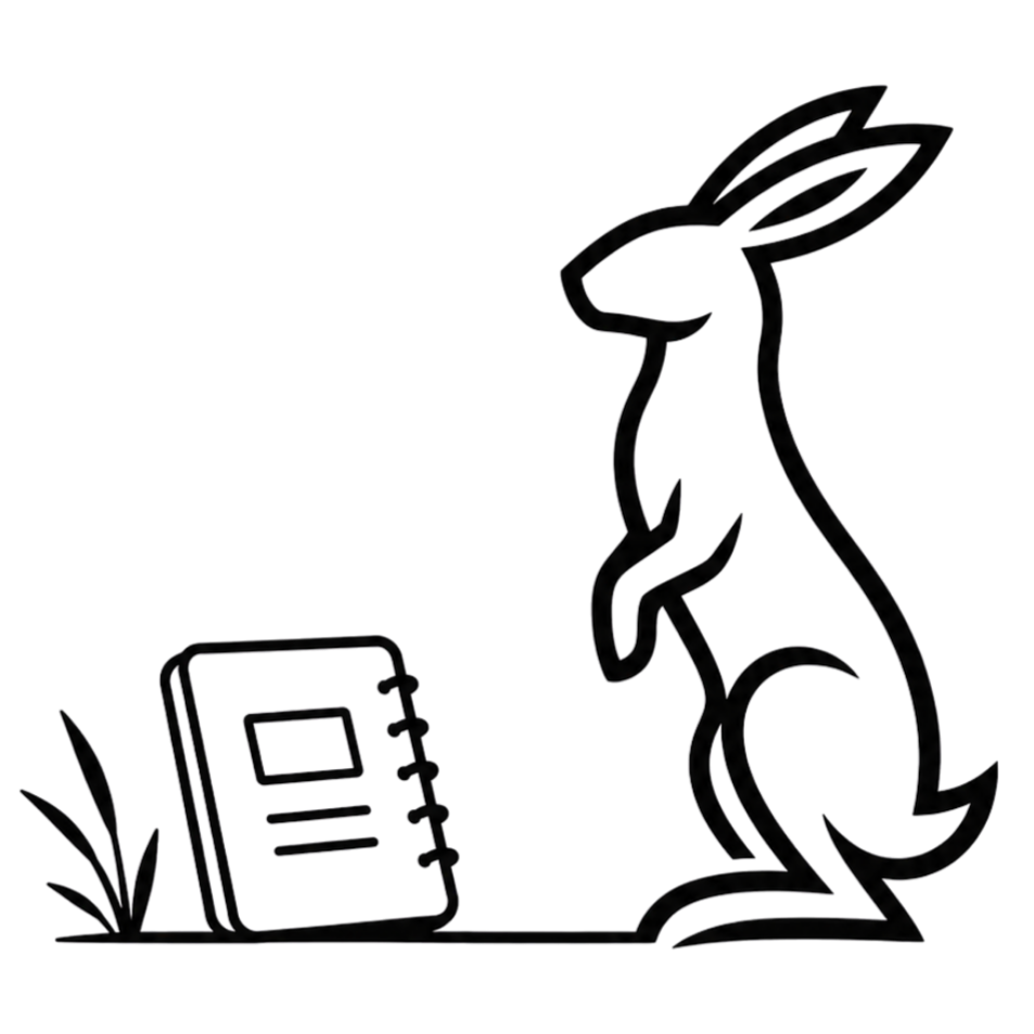 Black outline of the HARE rabbit with a spiral notebook (field notes).