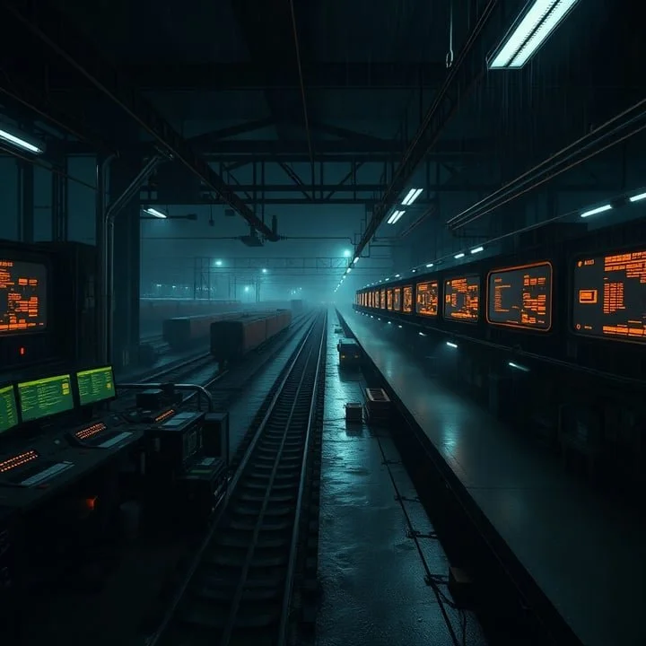 Empty train station platform with digital panels and tracks extending into the distance, illuminated by overhead lighting in a dark, futuristic setting.