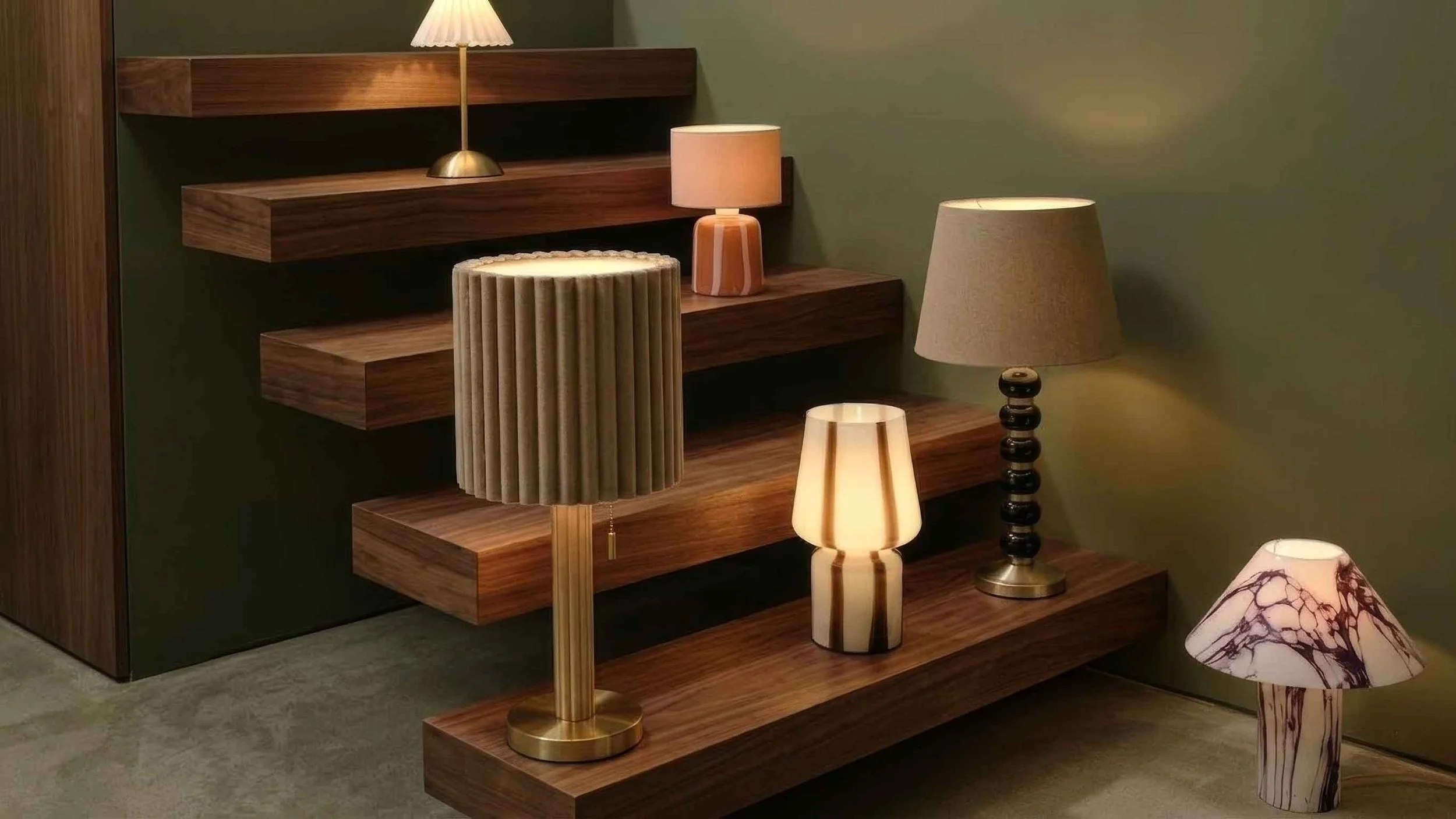 Various modern table lamps on wooden furniture with a green wall background.