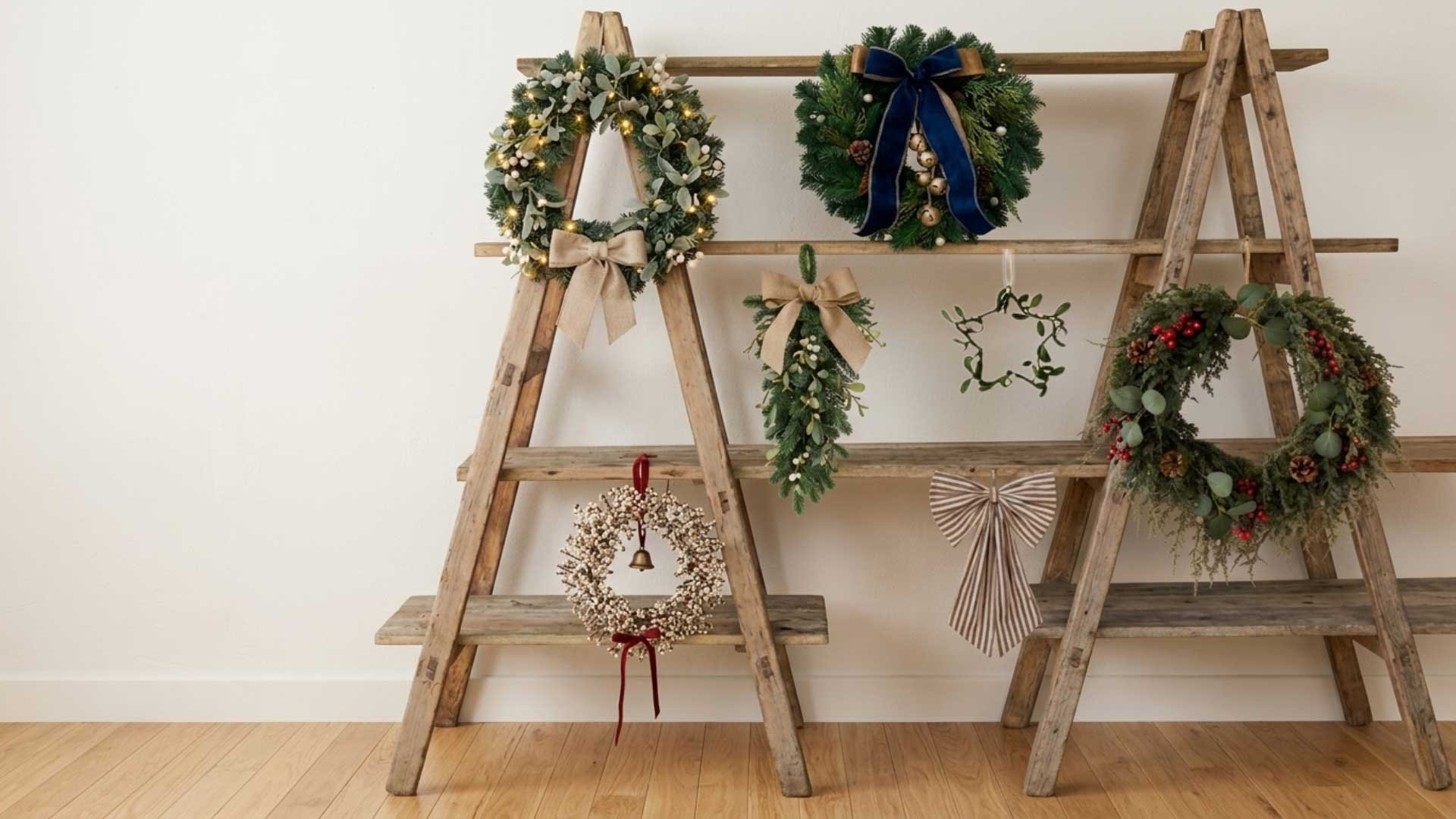 Display of Christmas wreaths and decorations on a wooden ladder against a plain white wall.