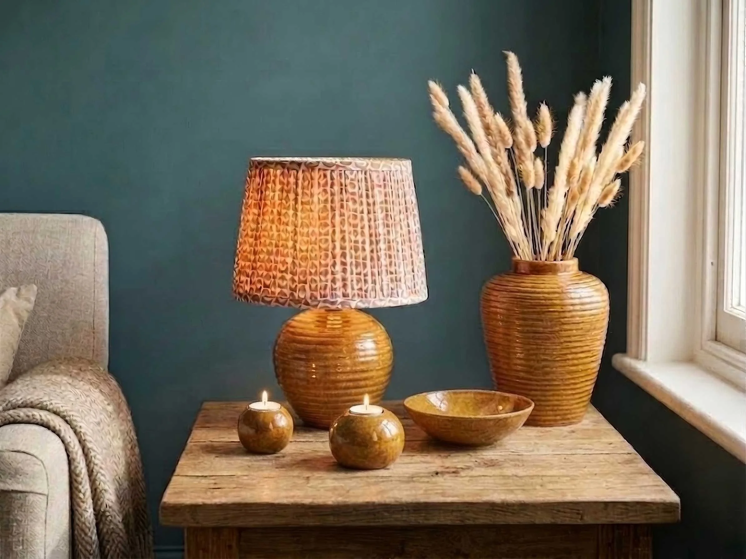 A living room corner with a wooden table, decorative vases, a woven lampshade, a large vase with dried pampas grass, and candles. The background features a blue wall and a window with white curtains.