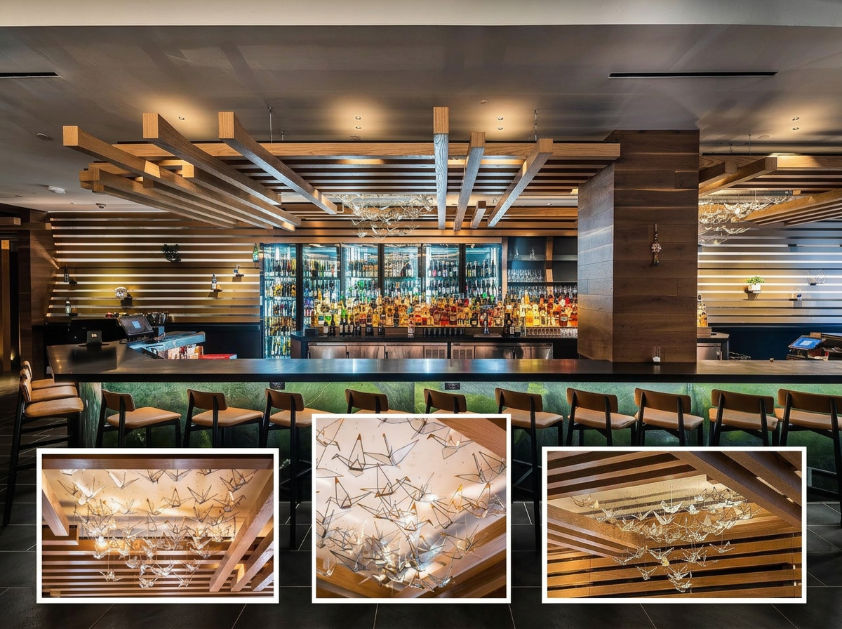 Collage of custom stained glass crane sculpture over the bar at Michelin-starred Cranes DC by Gina Word, showing bar view and detail close-ups.