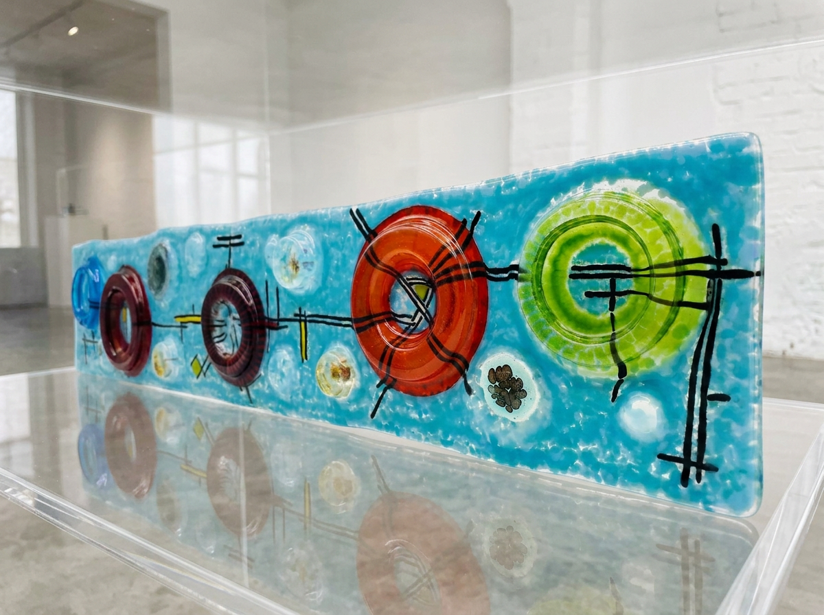 Full angle view of a custom glass wall sculpture featuring vibrant 3D fused glass rings and black satellite details by Gina Word.