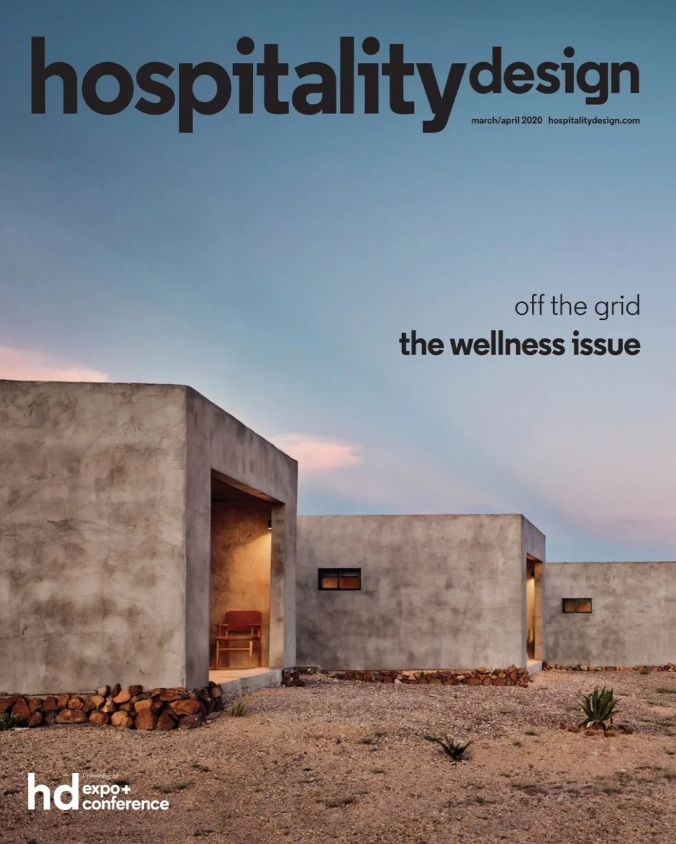 Cover of Hospitality Design Magazine March April 2020 HD Expo issue featuring hospitality design and architectural installations.