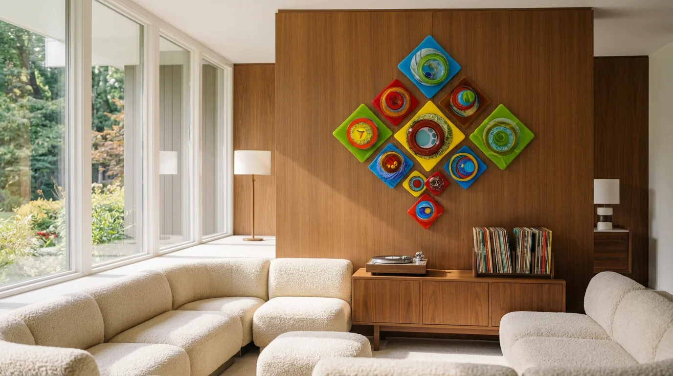 A large colorful 3D fused glass wall sculpture installed on a living room wall, featured as art for mid century modern living room decor.