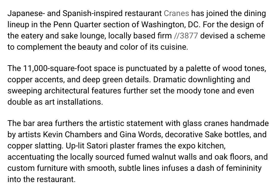 Full magazine article spread in Hospitality Design Magazine highlighting the 200 hand-sculpted stained glass cranes installation by Gina Word.