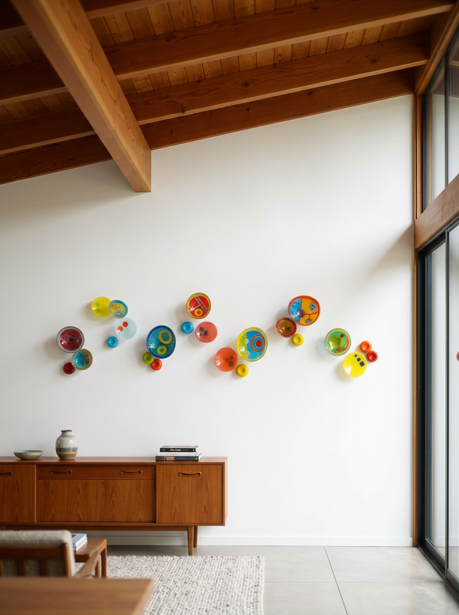 Custom 23-piece brightly colored glass wall sculpture by Gina Word installed above a vintage credenza in a mid-century modern Alabama lake home.