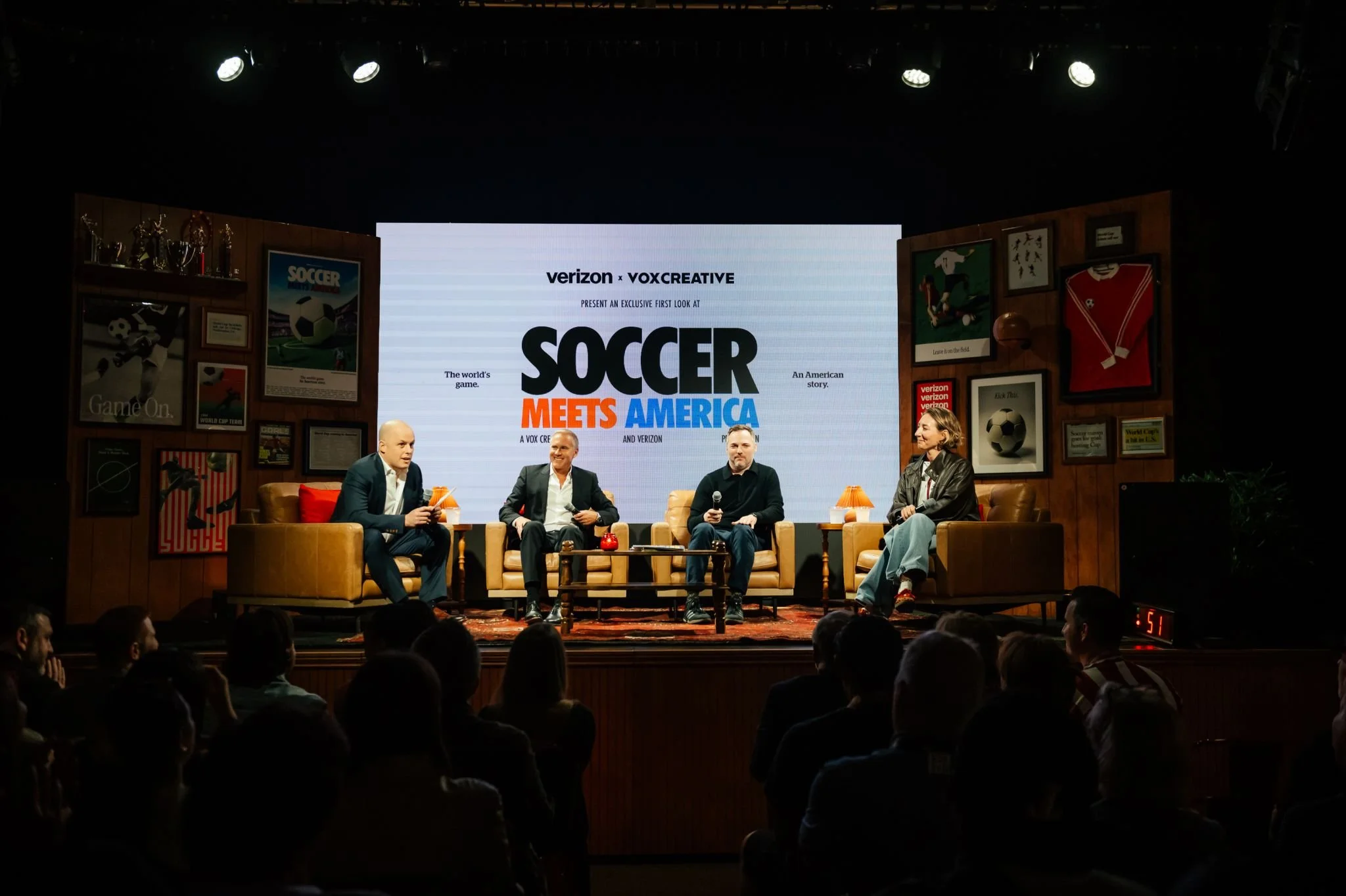 Moderator Neil Janowitz Vulture’s Editor-in-Chief, Phil Wall, Creator and executive producer of the show, Chris Henderson, Chief Soccer Officer of Atlanta United, and Haley Paas, Verizon's Senior Vice President of Media, conduct a pannel at SXSW.