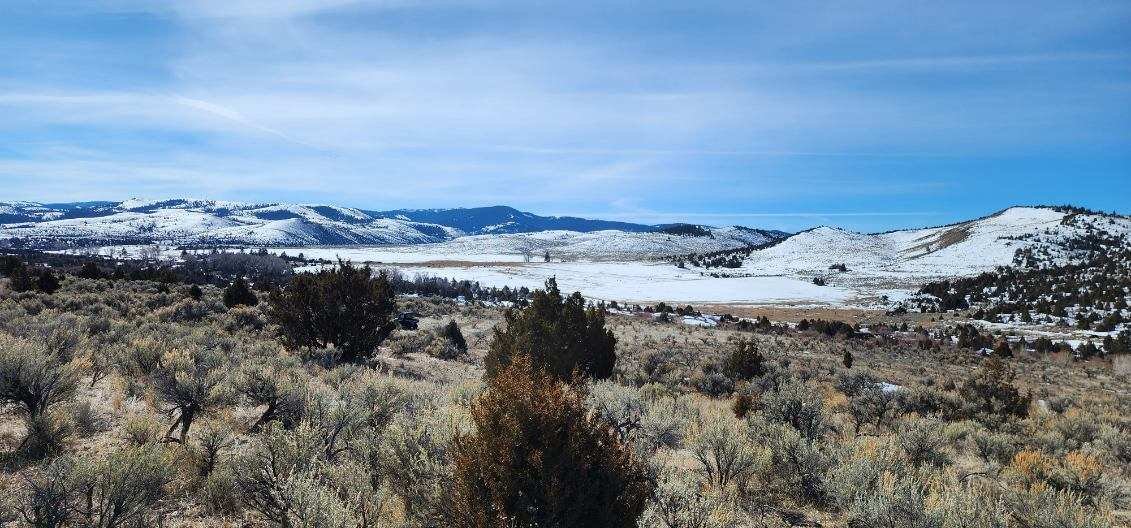 Larkspur Property Management, serving southwest Montana. A vast Montana landscape with sagebrush and small bushes in the foreground, snow-covered hills and mountains in the background, under a partly cloudy sky.