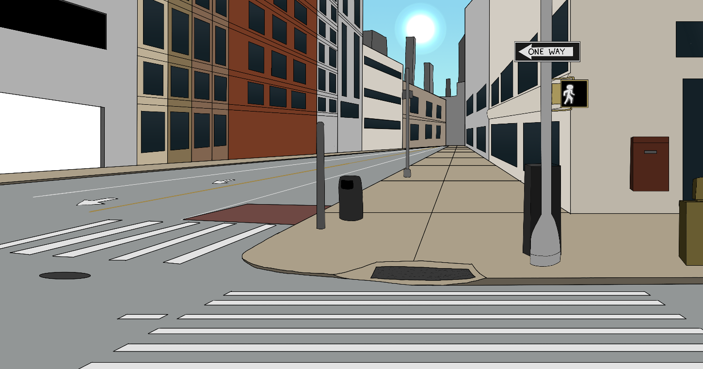 Empty urban street with buildings, a crosswalk, and a one-way sign under a clear sky with the sun visible.
