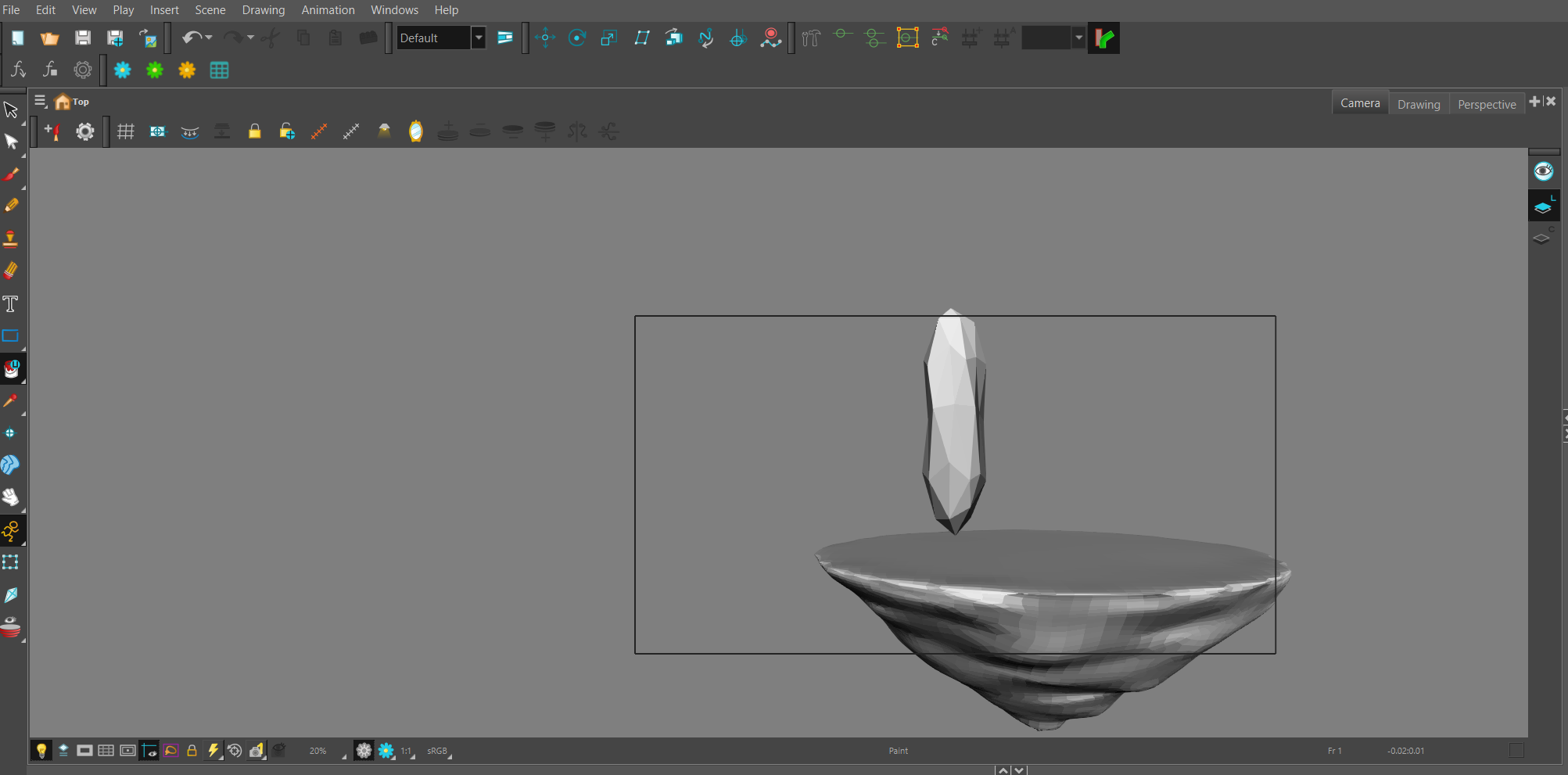A 3D modeling software interface displaying a gray object resembling a stylized, low-polygon crystal or gemstone, suspended above a spherical base. This is an early model for "Basket Cat." 