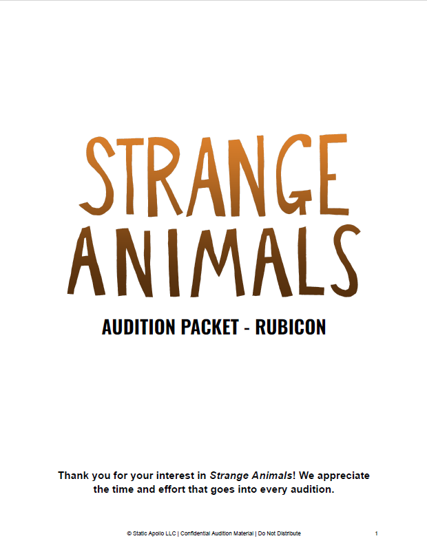 Cover page of an audition packet titled "Strange Animals" for Rubicon, featuring a thank you message and copyright information at the bottom.