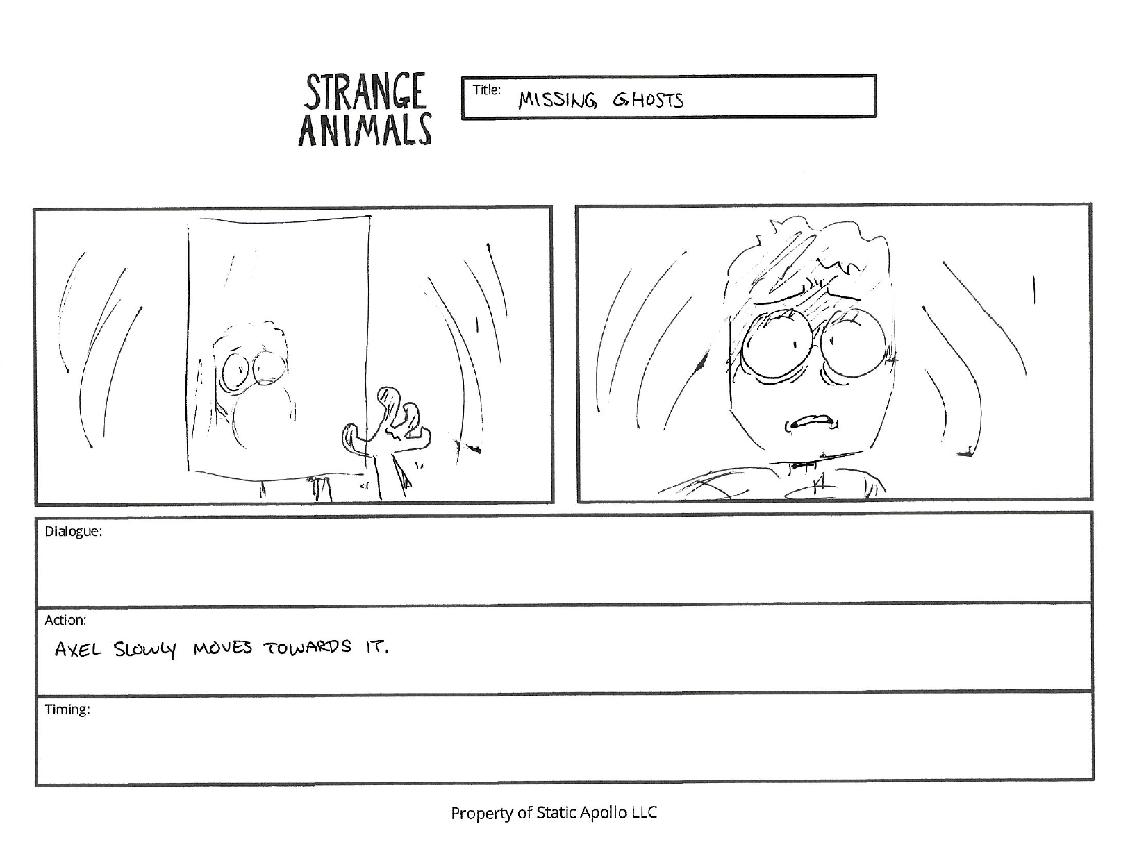 A storyboard from "Missing Ghosts." The first panel shows Axel approach a mirror. The second panel shows the same figure with a surprised or scared expression. There is a caption below the panels that reads, 'Axel slowly moves towards it.' 