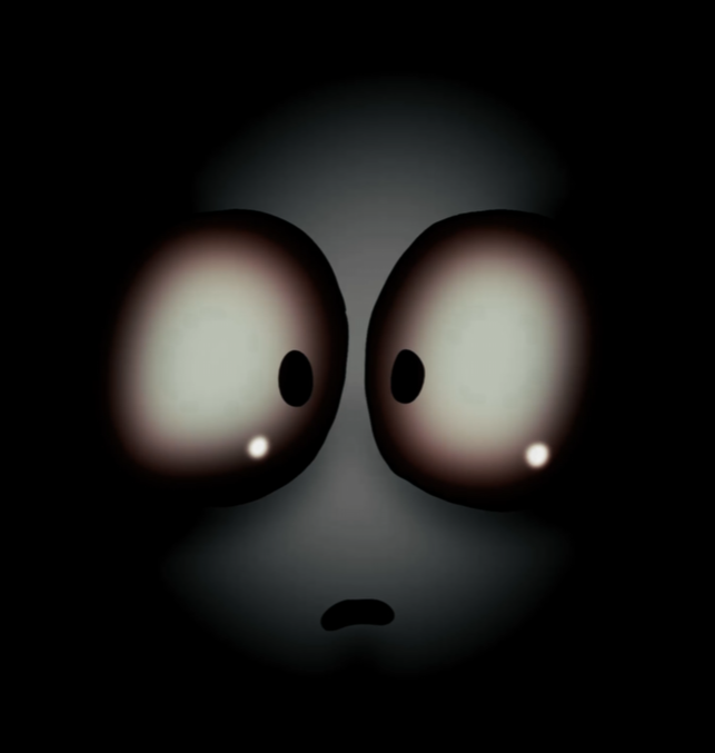 Close-up of a face with big, illuminated eyes and a small mouth in darkness.