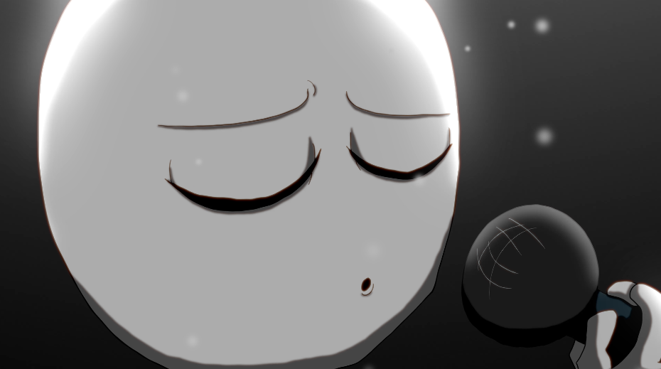 A cartoon man with closed eyes and a small mouth, holding a microphone, set against a dark dusty background.