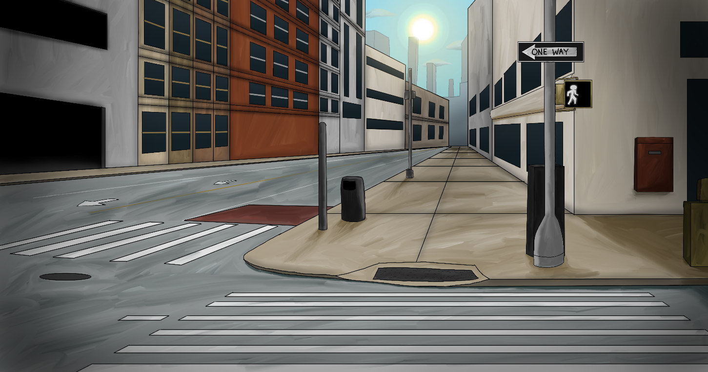 Empty city street intersection with crosswalks, sidewalk, traffic lights, street signs, and tall buildings on either side under a bright sun.