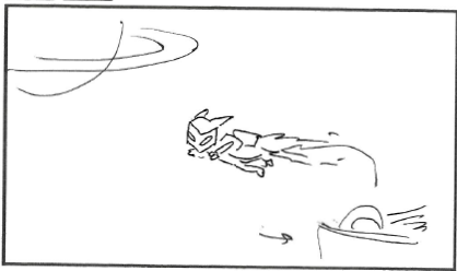 A storyboard panel of Basket Cat rocketing out of his basket into space.