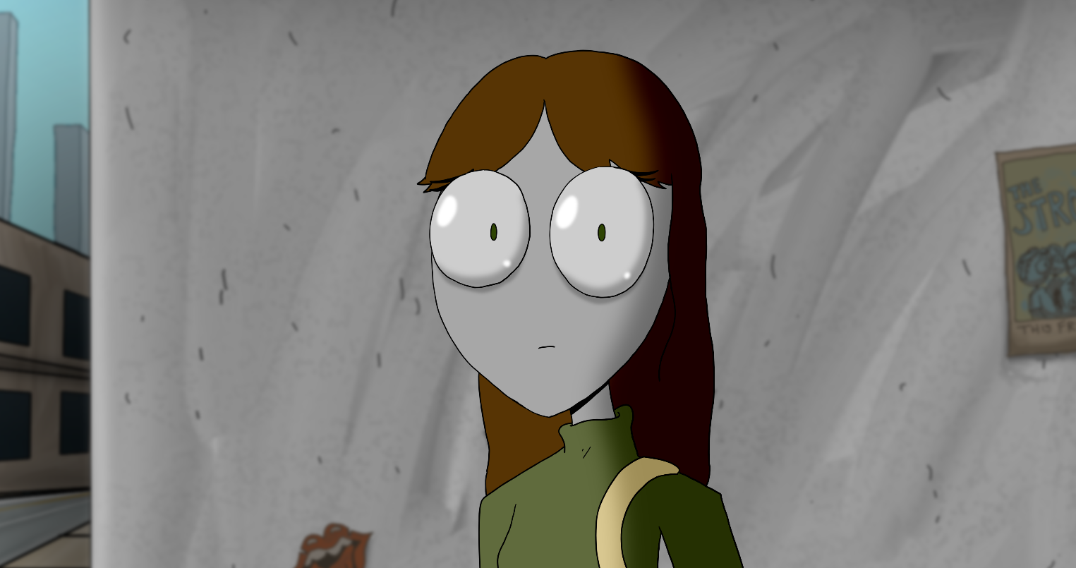 Cartoon girl with large eyes and brown hair standing in front of a gray wall with a poster on the right side.