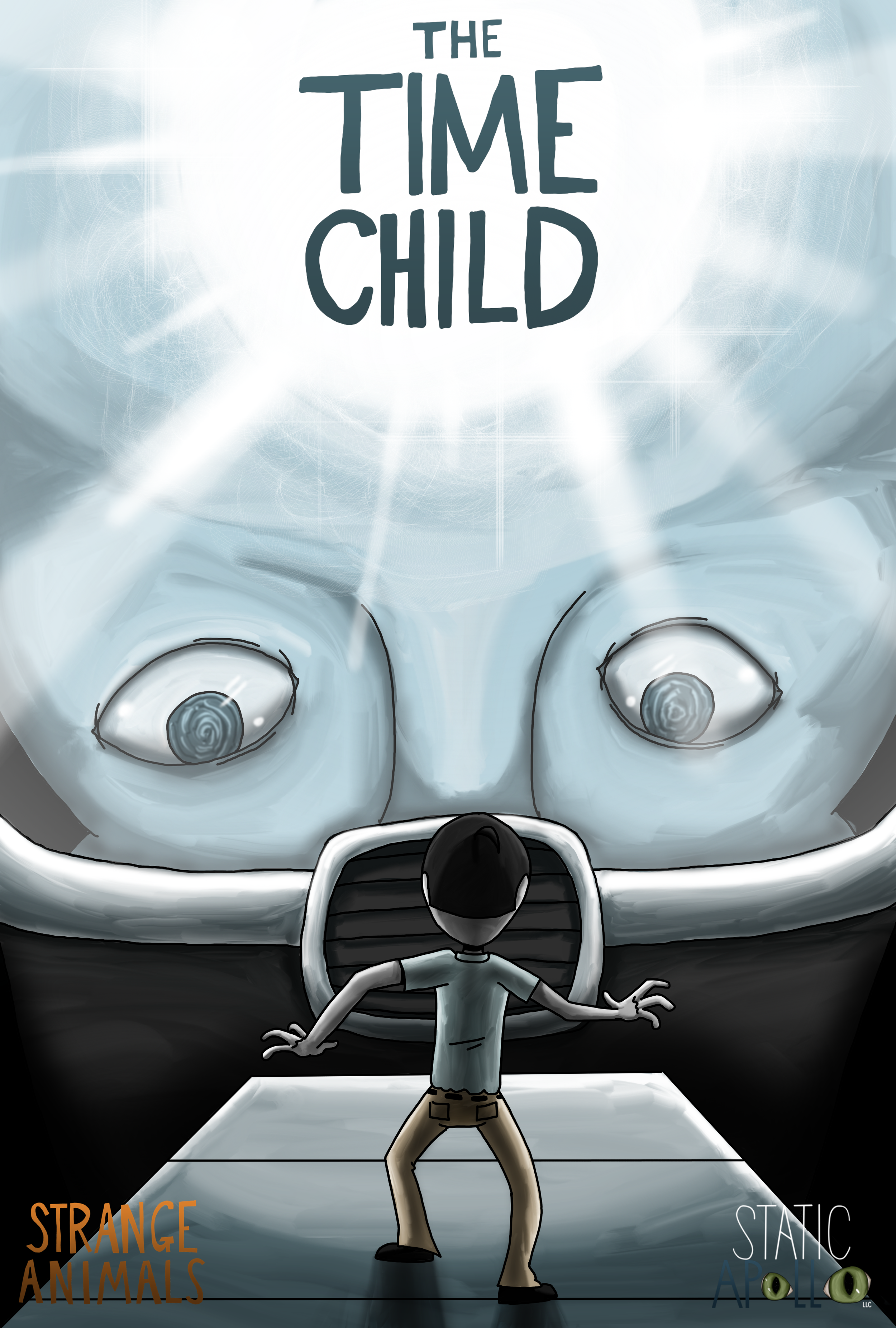 The promotional poster for "The Time Child" showing a stylized illustration of Rubicon standing in front of the massive Time Child with their arms outstretched and head tilted back.