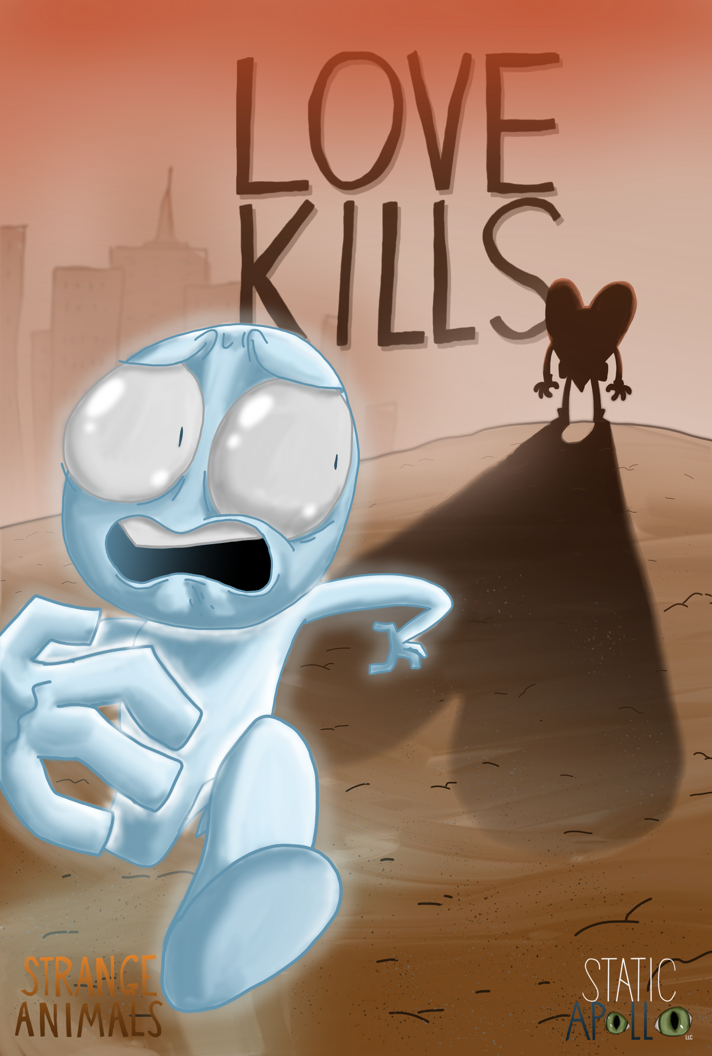 The promotional poster for "Love Kills" showing the Soul with large, scared, eyes running on a brown ground with a shadow behind it. In the background, the Heart stands casting a shadow towards the Soul. There is a city skyline with tall buildings. 