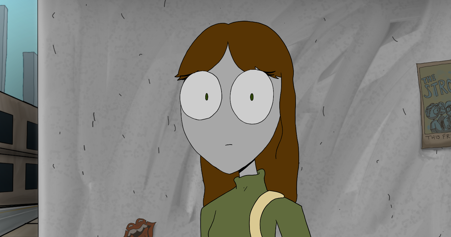 Animated girl with long brown hair, wearing a green shirt and carrying a yellow strap, standing against a gray wall with a poster on the right side.
