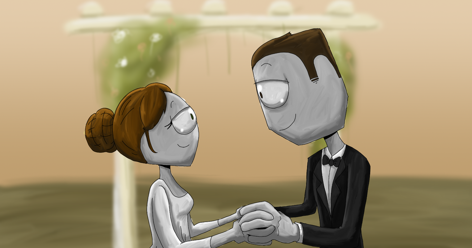 A cartoon illustration of a bride and groom holding hands and gazing into each other's eyes, standing outdoors during a wedding ceremony.