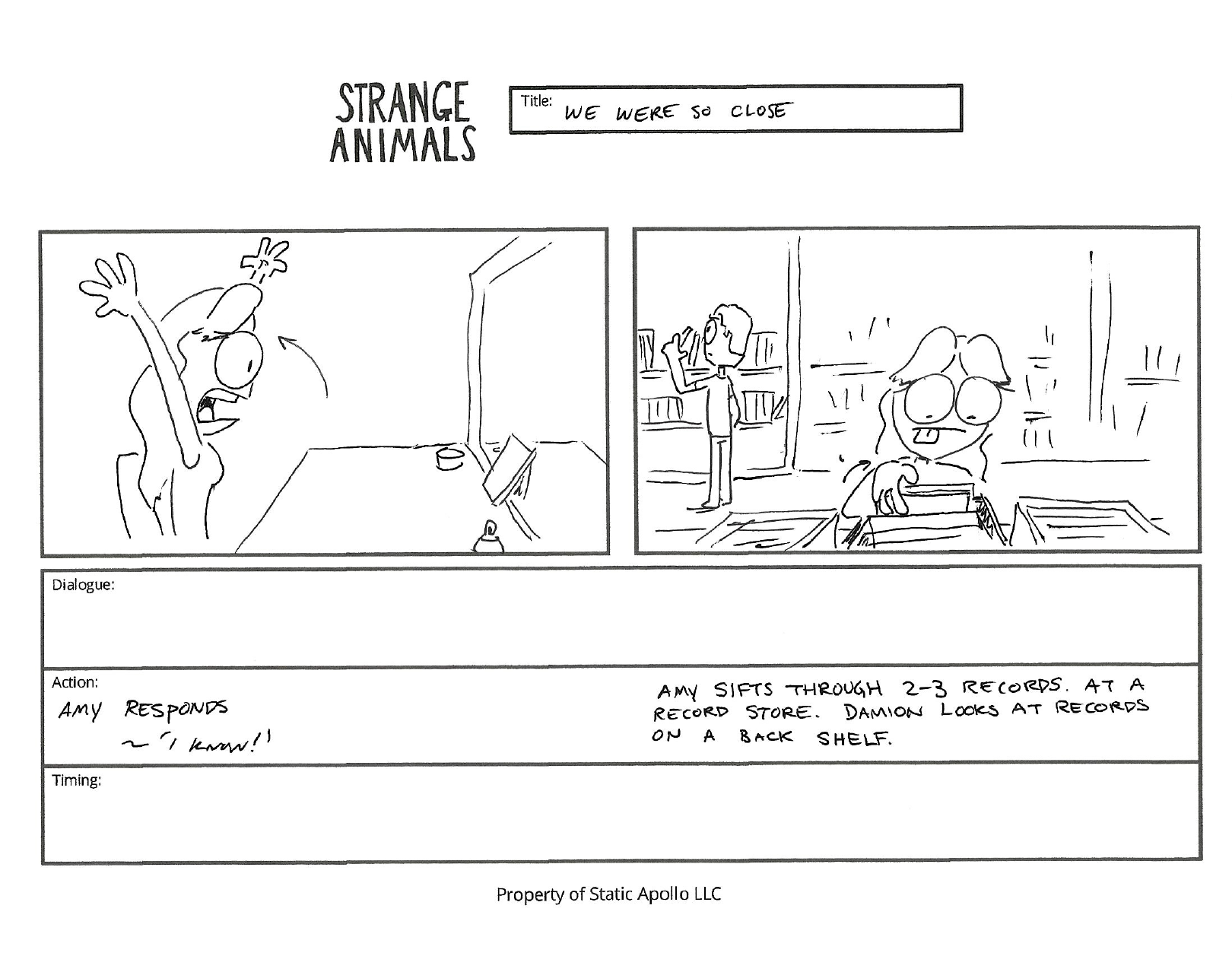Two-panel storyboard from We Were So Close, showing Amy and Damion browsing records in a record store.
