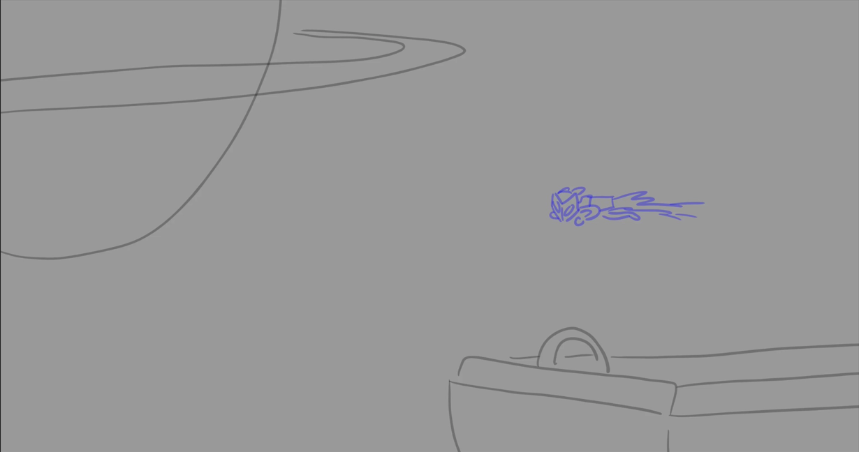 A frame from an animatic of Basket Cat rocketing out from his basket into space. 