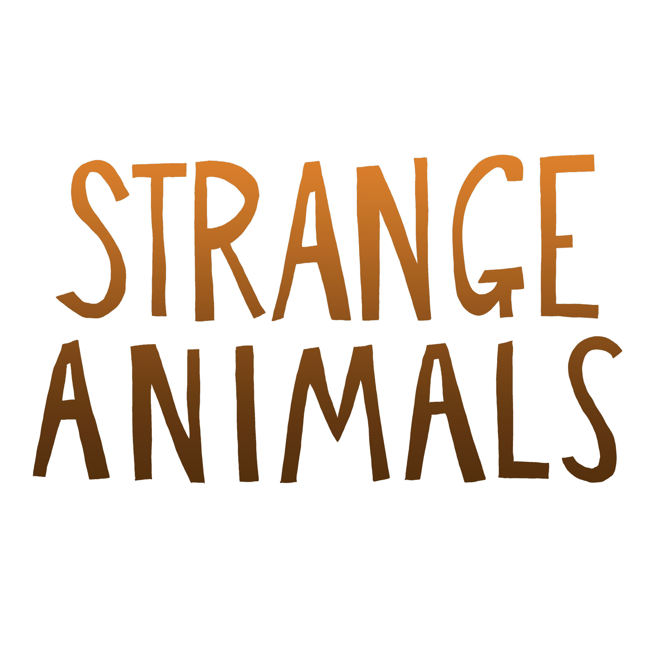 Text spelling out the film title, 'STRANGE ANIMALS' in large, orange letters on a black background.