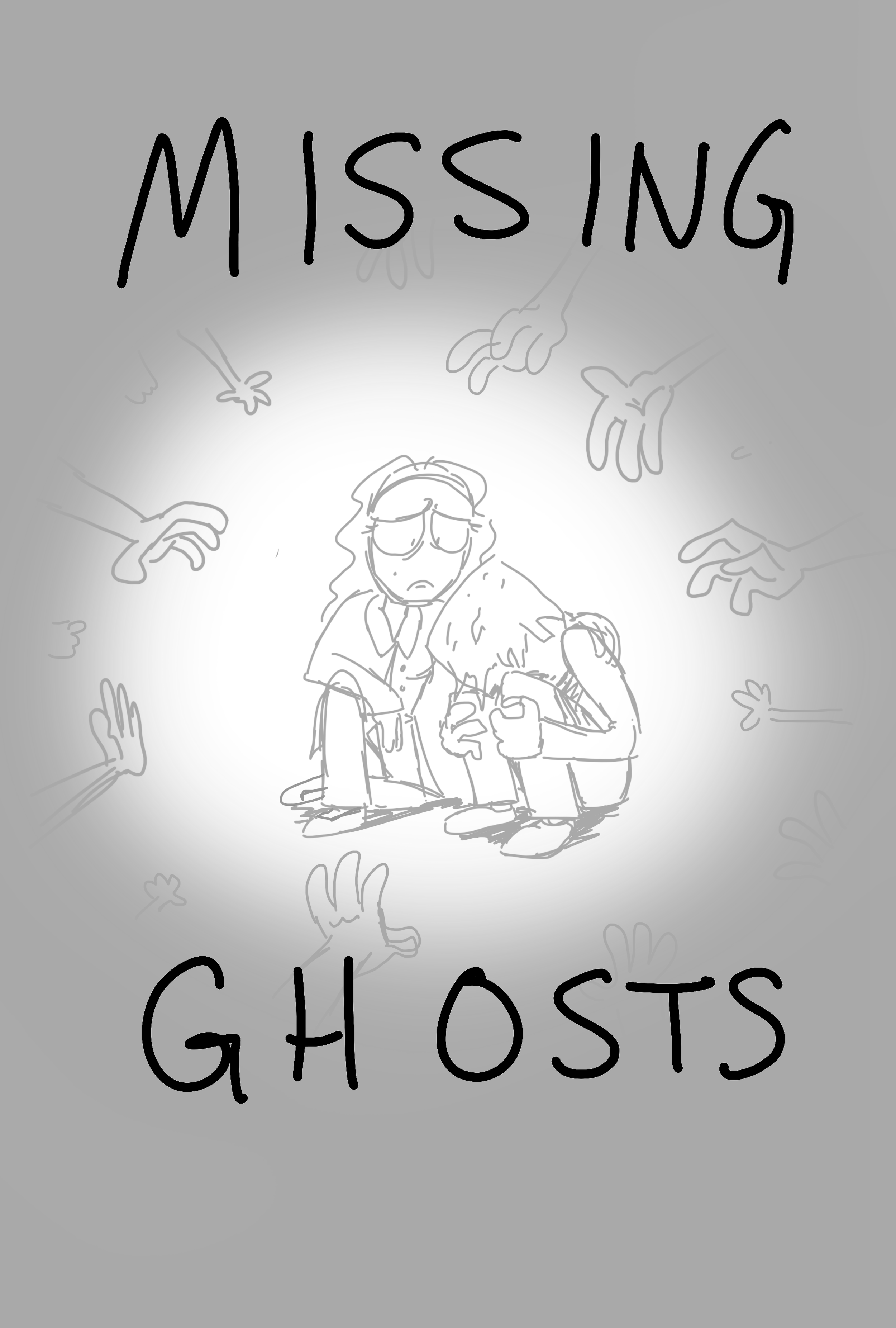A hand-drawn rough draft sketch of the “Missing Ghosts” poster.