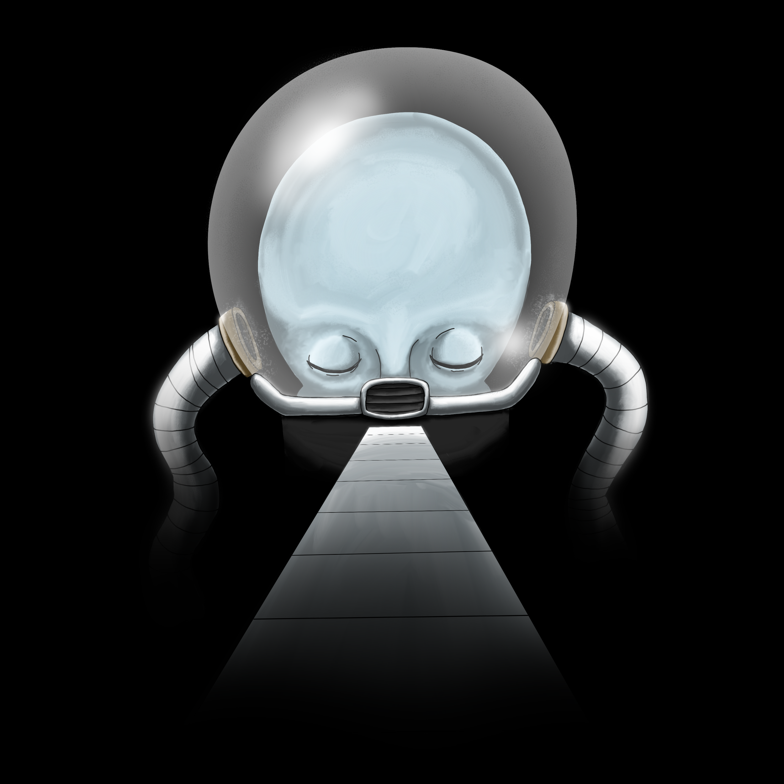 Character illustration of the Time Child, a mysterious cosmic entity with a metallic enclosure and blue face, from Strange Animals.