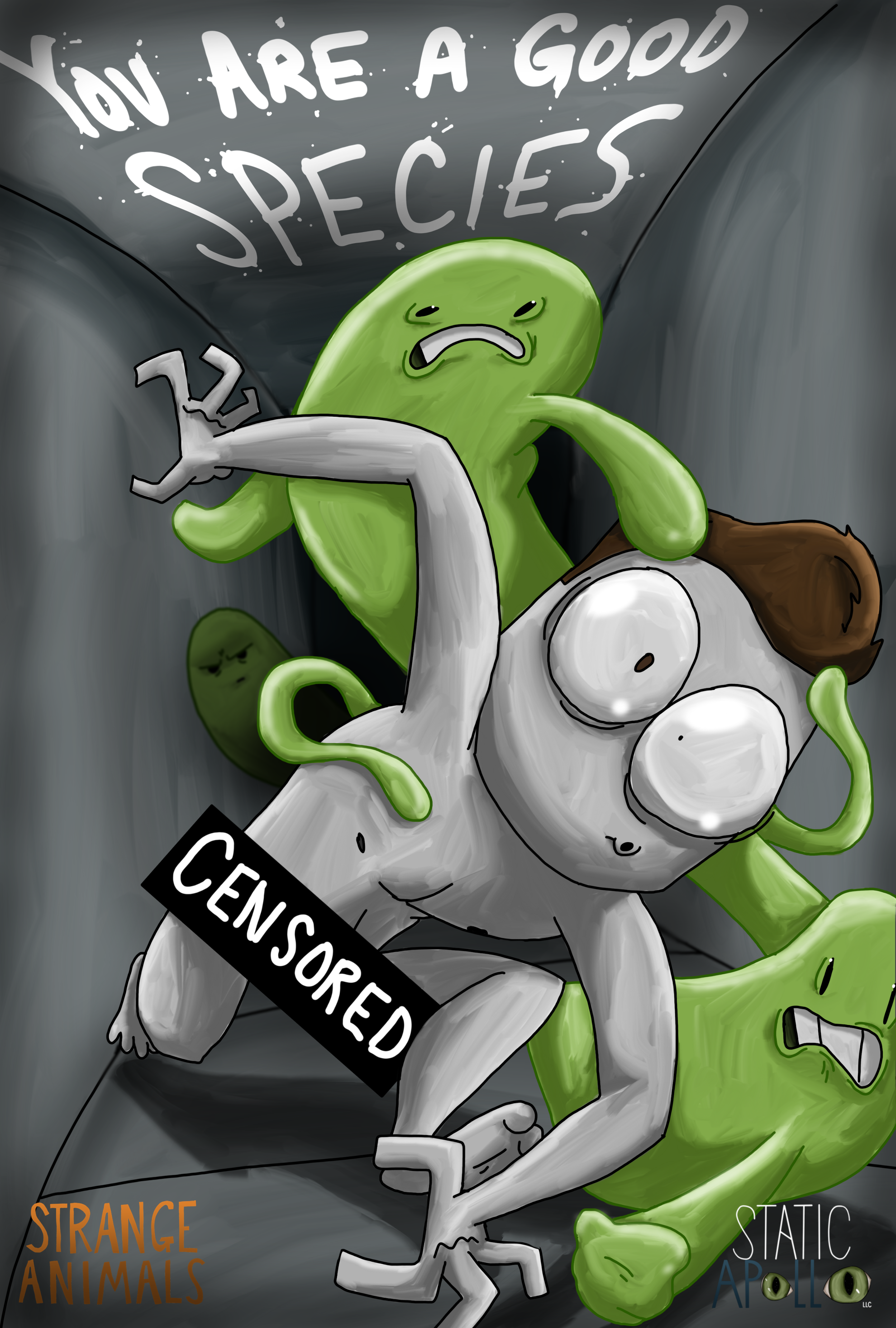 The promotional poster for "You Are a Good Species" showing a man, Quentin, nude with a "CENSORED" bar, tripping down a hallway with two green, glob-like aliens trying to restrain him.