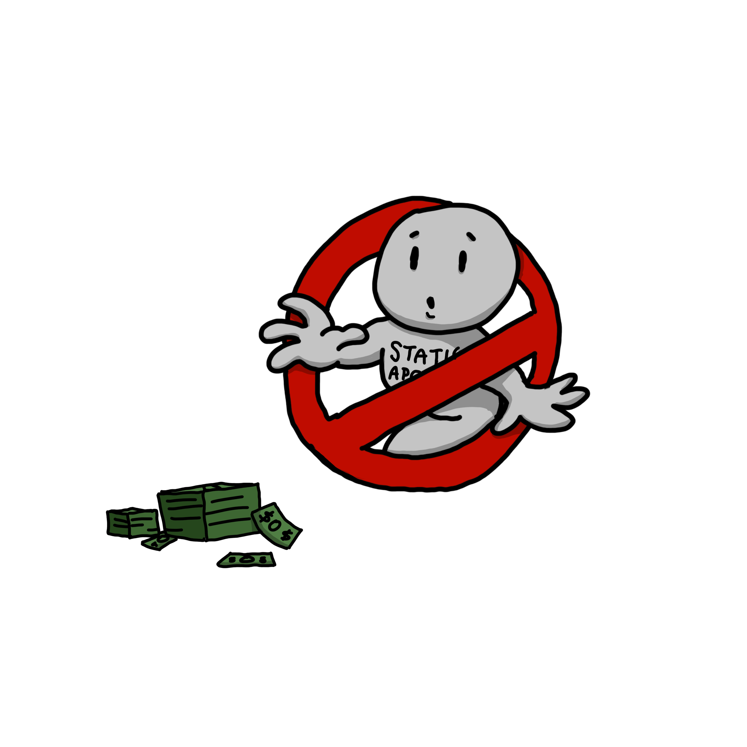A white cartoon character behind a red error sign reaching towards stacks of cash off to the side.