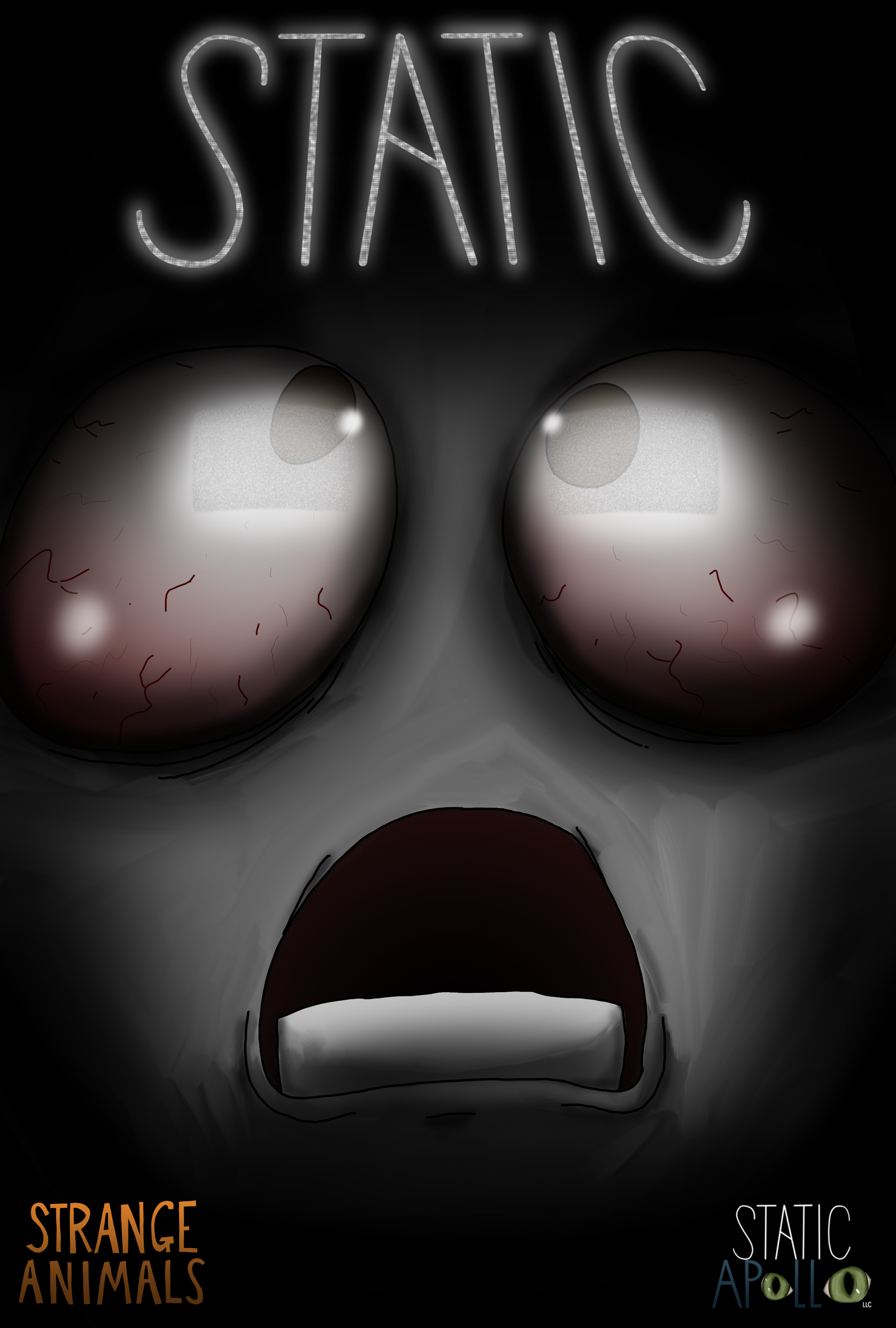 The promotional poster for "Static" showcasing a dark, creepy illustration of a human face with large, bloodshot eyes, and an open mouth showing teeth. Static from a CRT is reflected in the large glossy eyes.