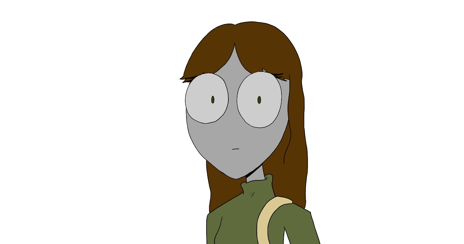 Drawing of a girl with long brown hair and large gray eyes, wearing a green shirt and carrying a beige bag, with a surprised or puzzled expression.